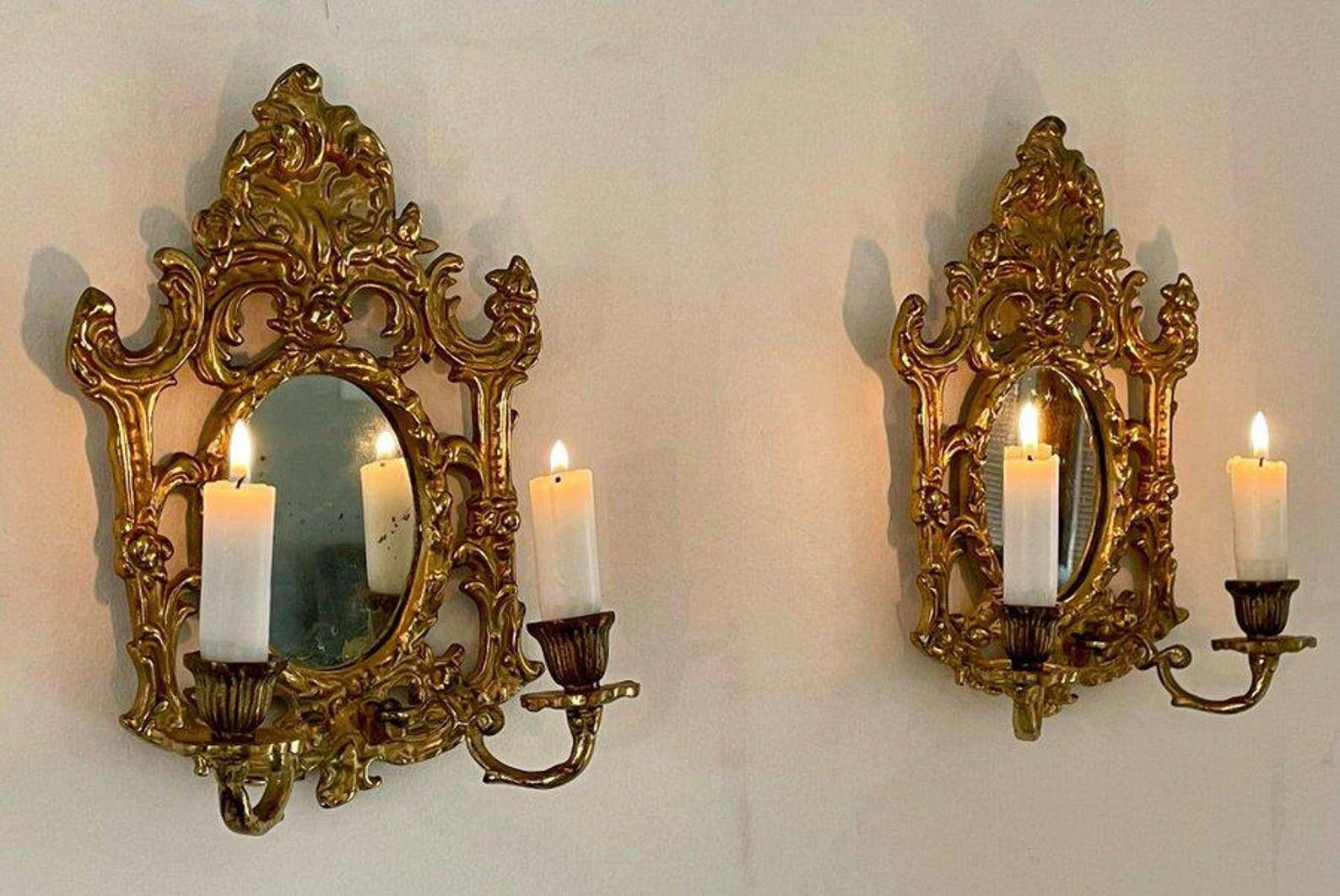 Pair of Antique Brass Wall Sconces with Mirror