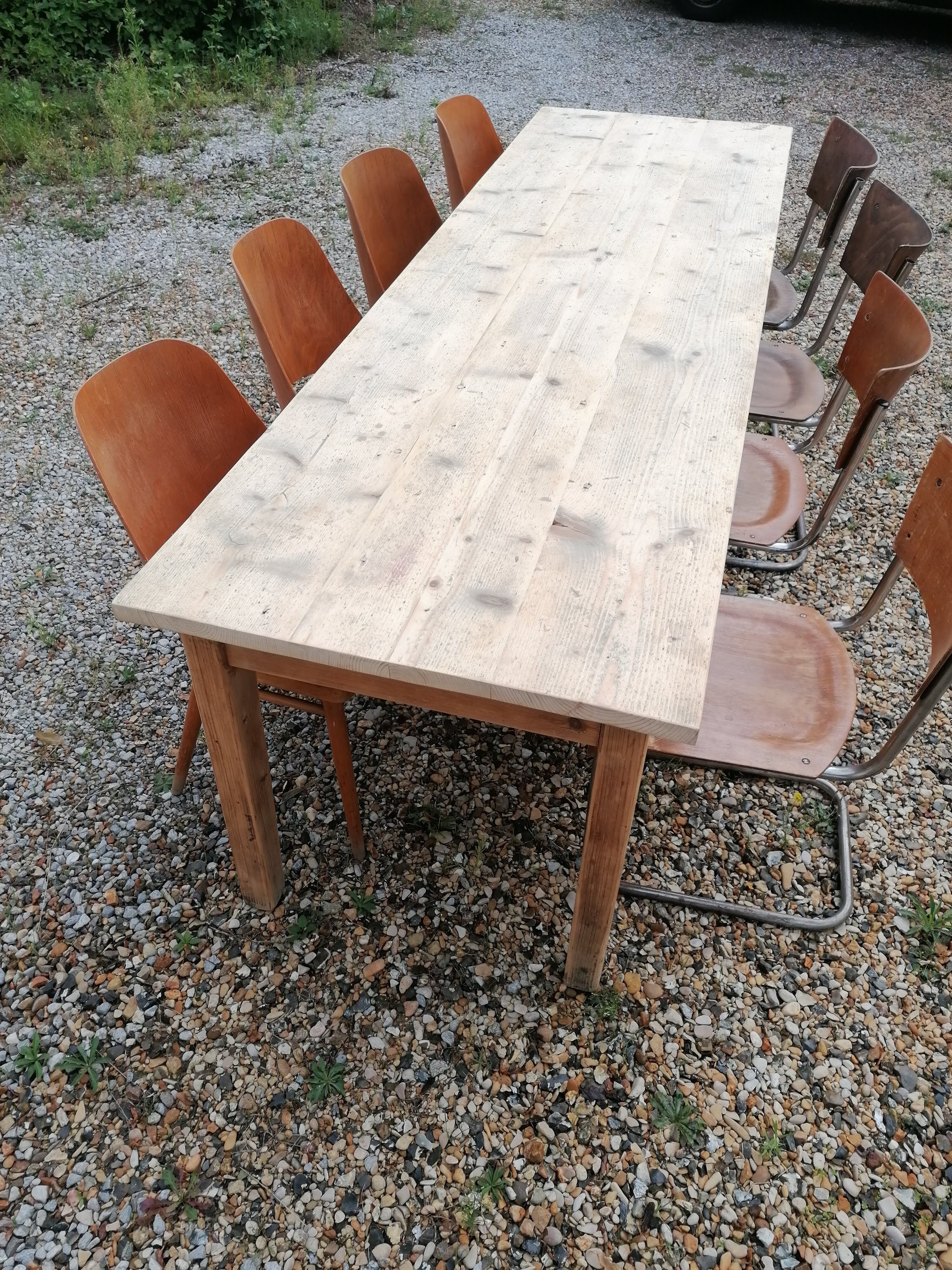 Large vintage wooden farmhouse table, 2.45m, 8 people