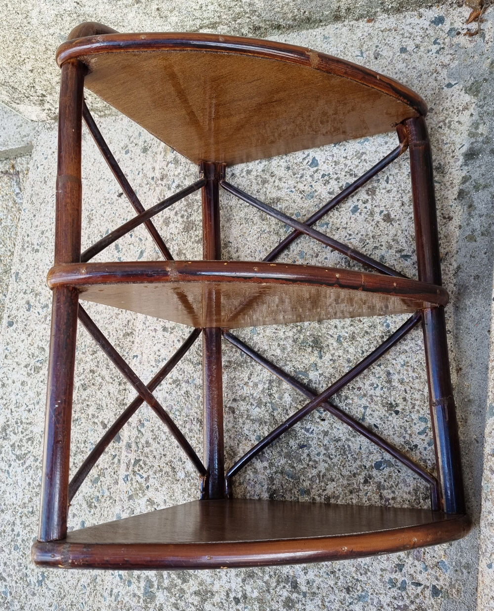 Corner wall shelf, bamboo, rattan and wood, vintage, 60s