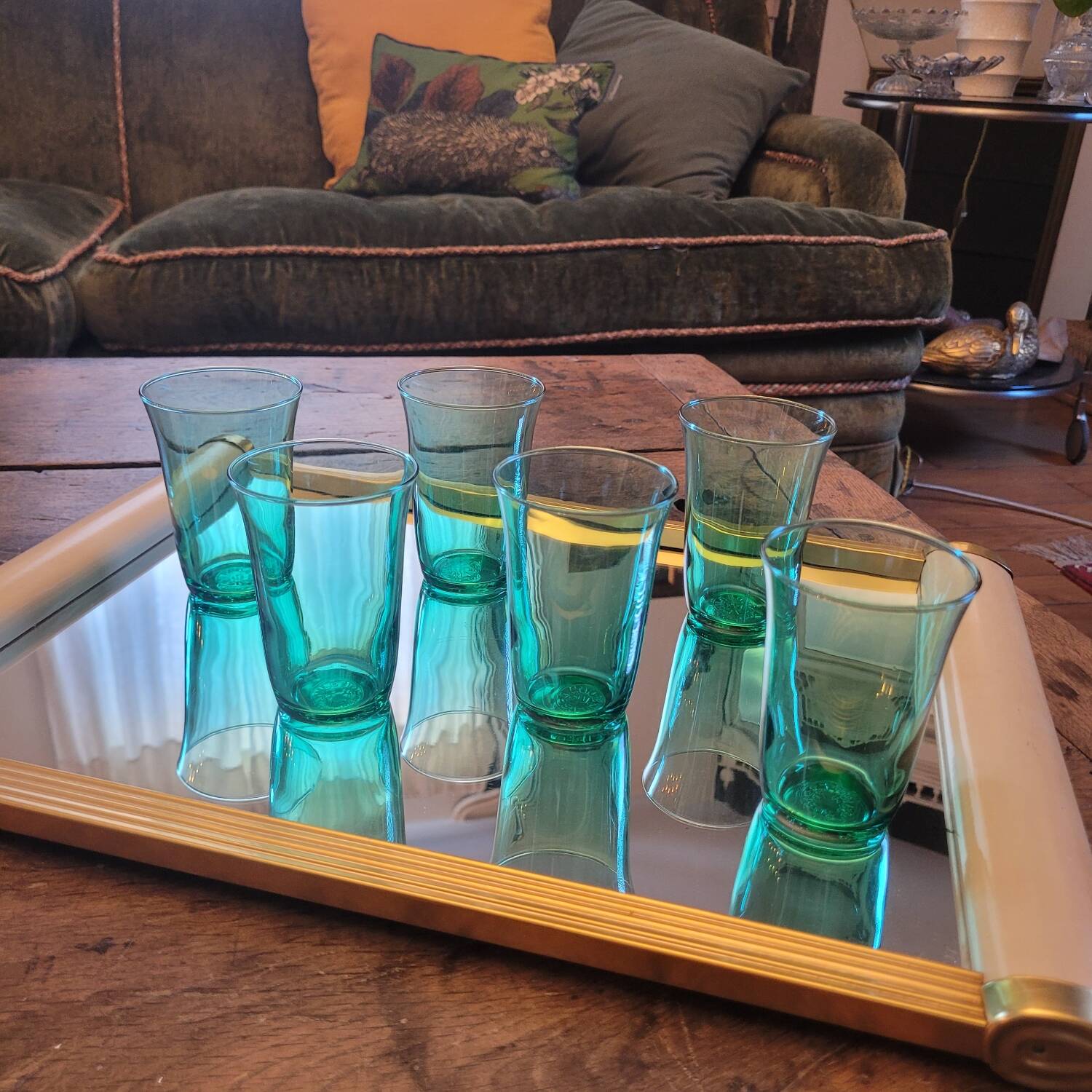 6 green glasses stamped LESIEUR – vintage 60s/70s