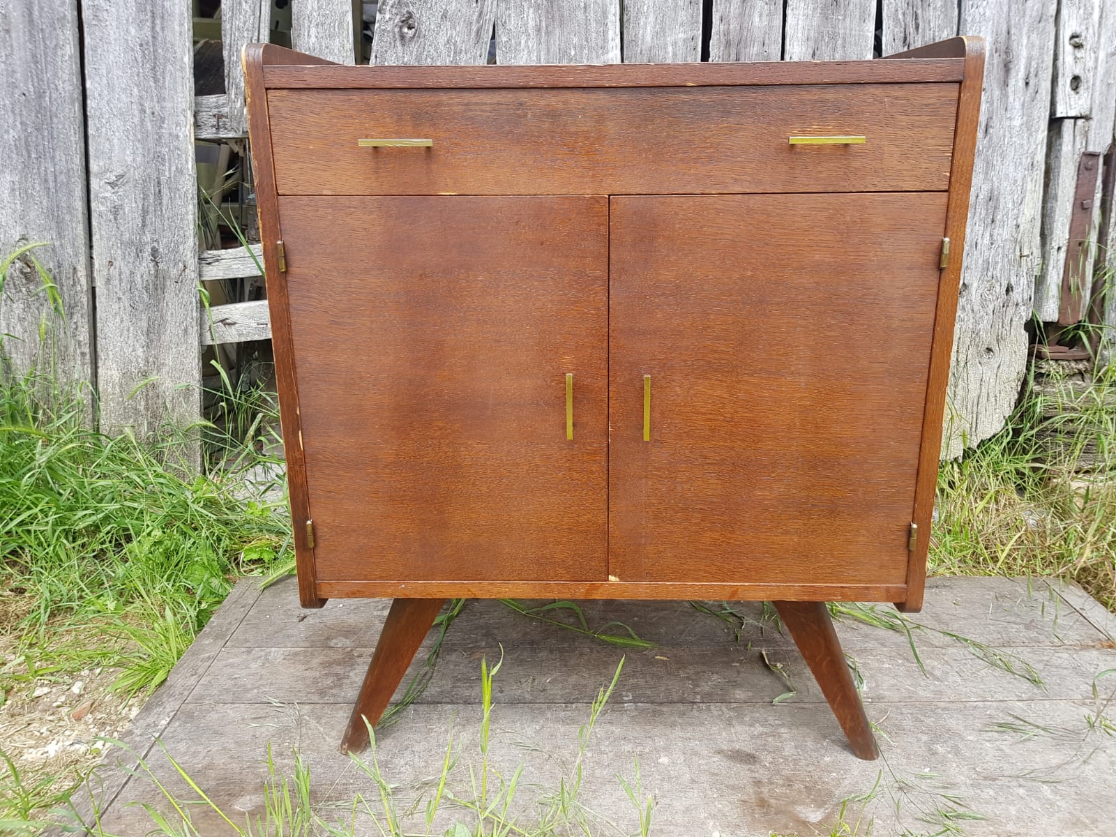 Old Chest of Drawers Drawer + Doors Wood Feet Compass 70s Vintage