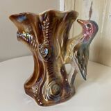 Kitsch Vase "Tree Trunk with Green Woodpecker" - Pink Iridescent Ceramic