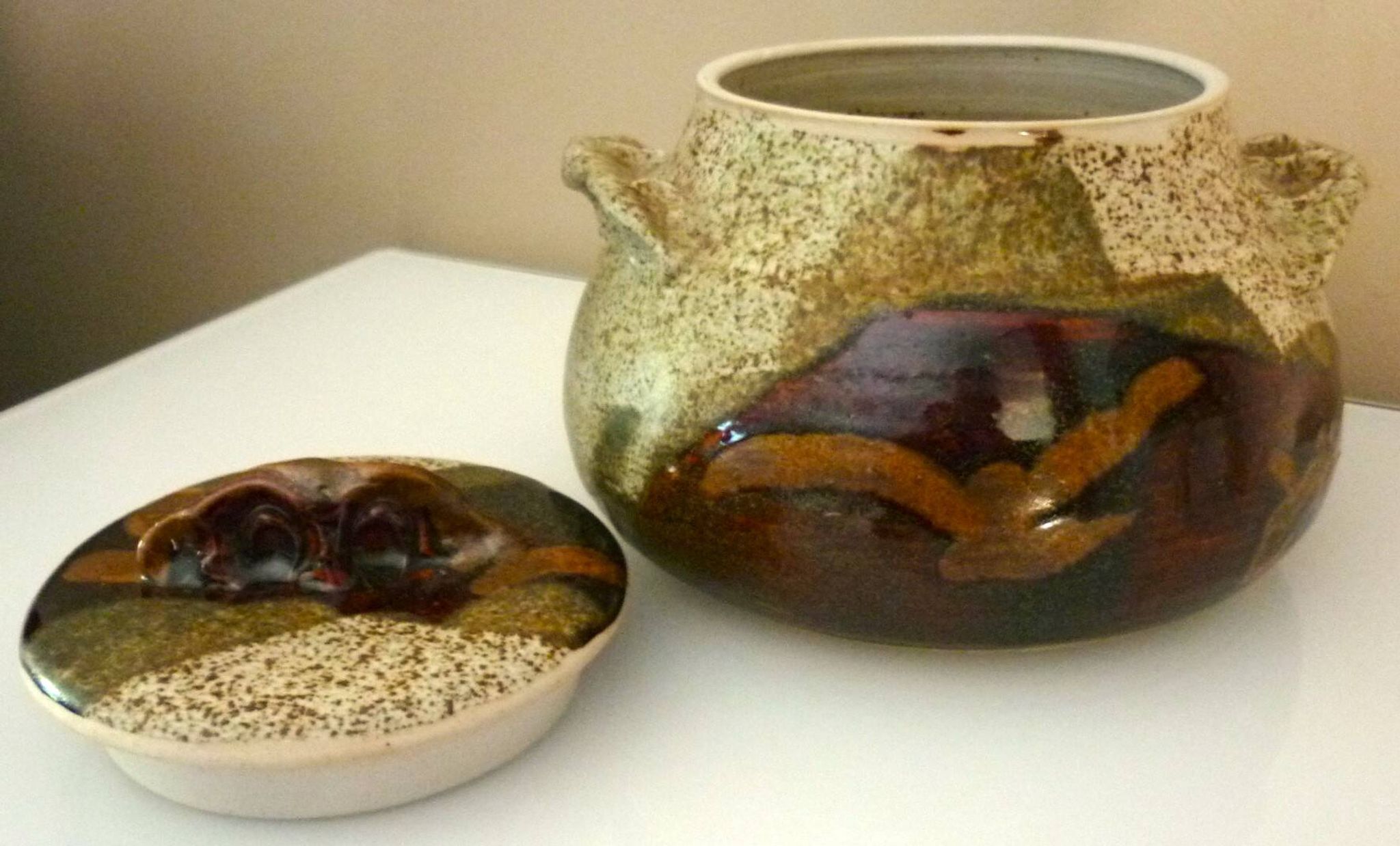 Vegetable dish, covered pot, glazed ceramic art, 1970s, signature to be identified