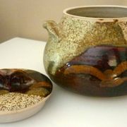 Vegetable dish, covered pot, glazed ceramic art, 1970s, signature to be identified