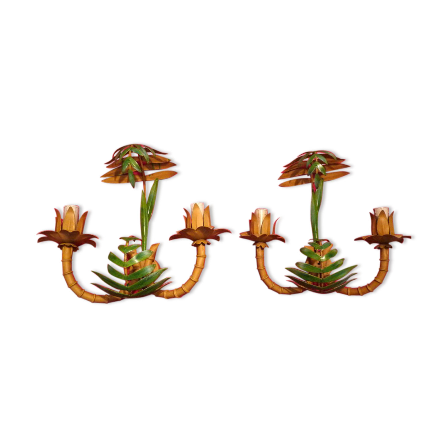 Pair of painted tole sconces decor palm