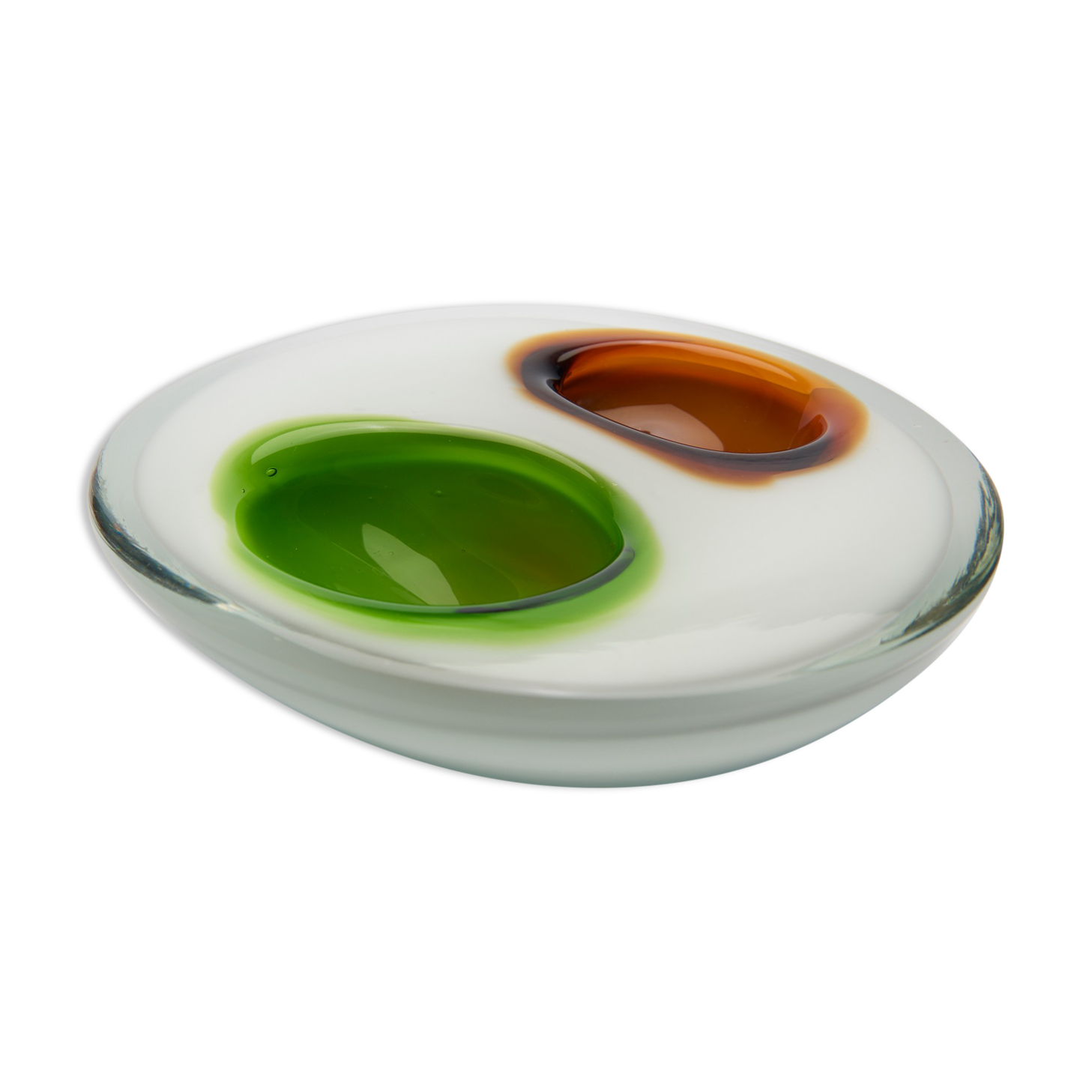 ashtray in white glass and green and orange "bubbles", 70s