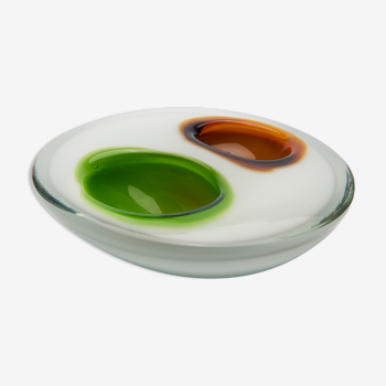 Cendrier en verre blanc et "bulles" verte et orange années 70