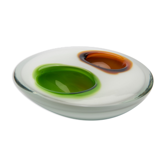 Cendrier en verre blanc et "bulles" verte et orange années 70