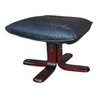 Set of 2 Swedish black leather footrests with wooden legs - 1970s