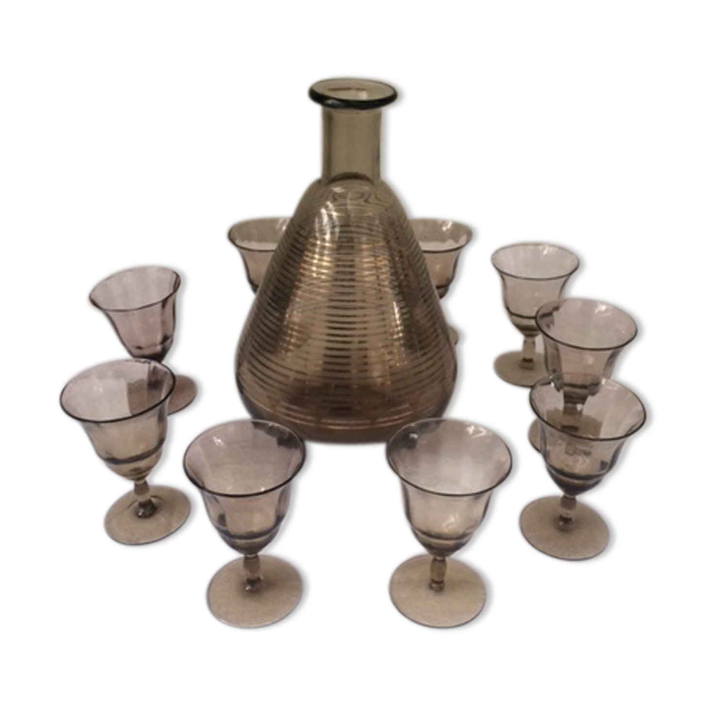 Liqueur glass Brown and gold edging and 9 small glasses Decanter's vintage liquor