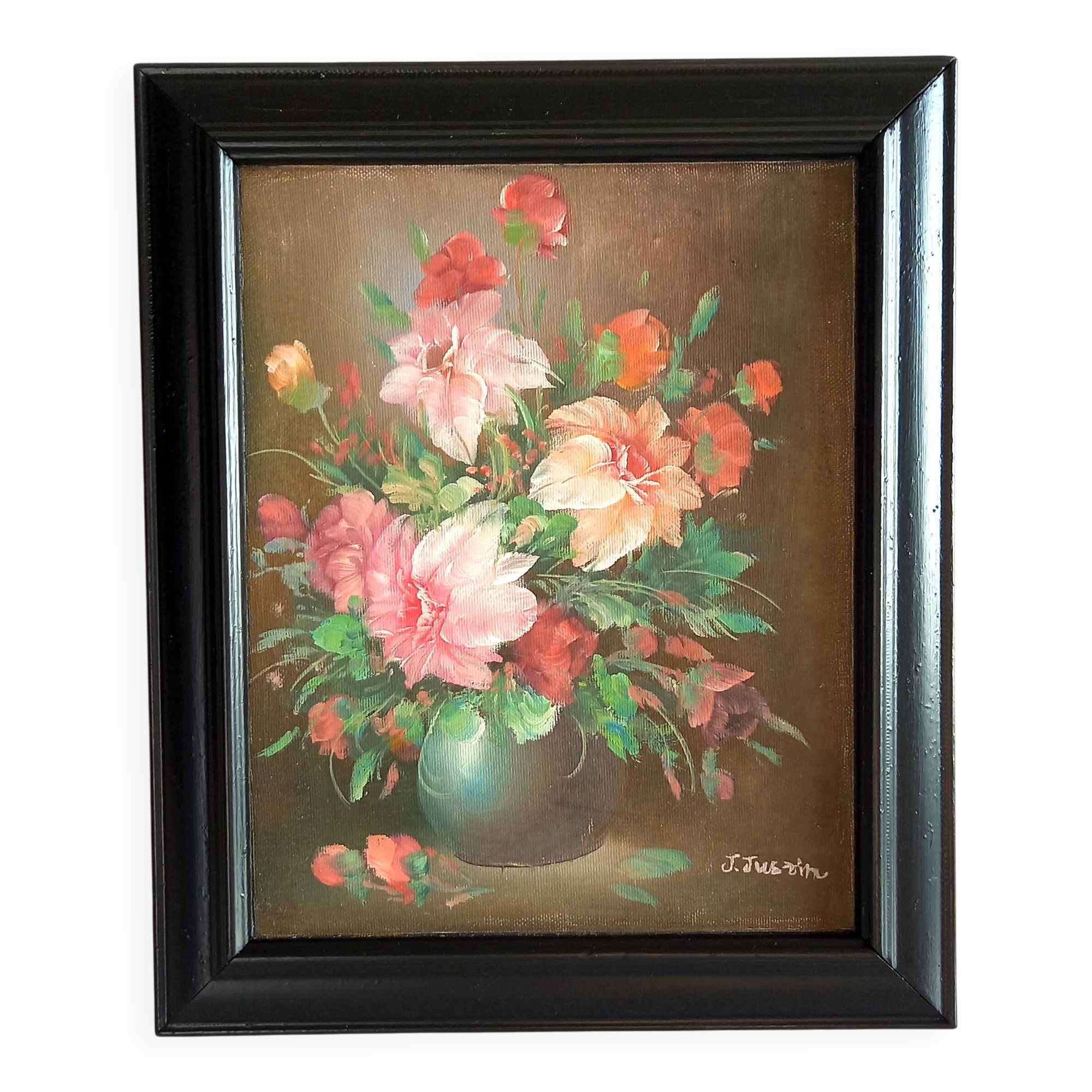 Old Painting Oil on Canvas Still Life Flowers J. Justin Signed