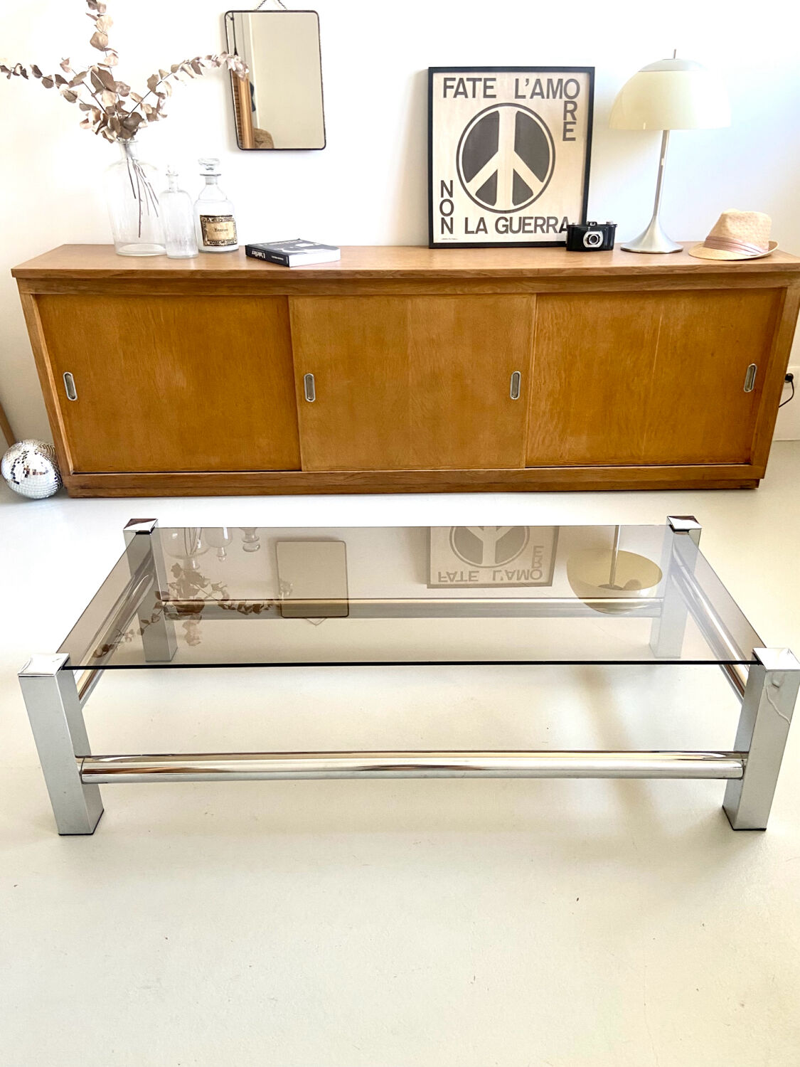 Vintage chrome metal table / smoked glass 1970