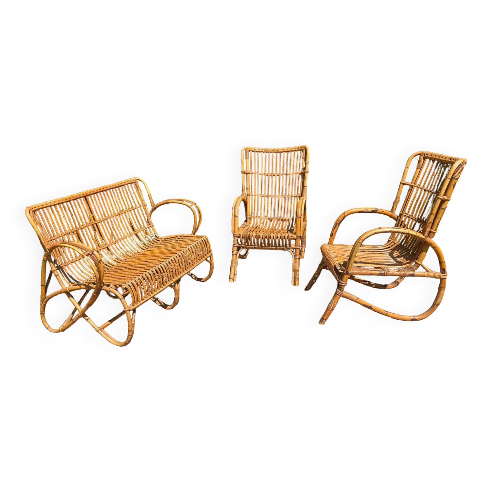 Vintage rattan lounge bench and 2 armchairs