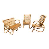 Salon en rotin vintage banquette et 2 fauteuils