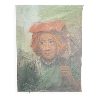 Tableau portrait à l'huile sur toile signé, Vietnam