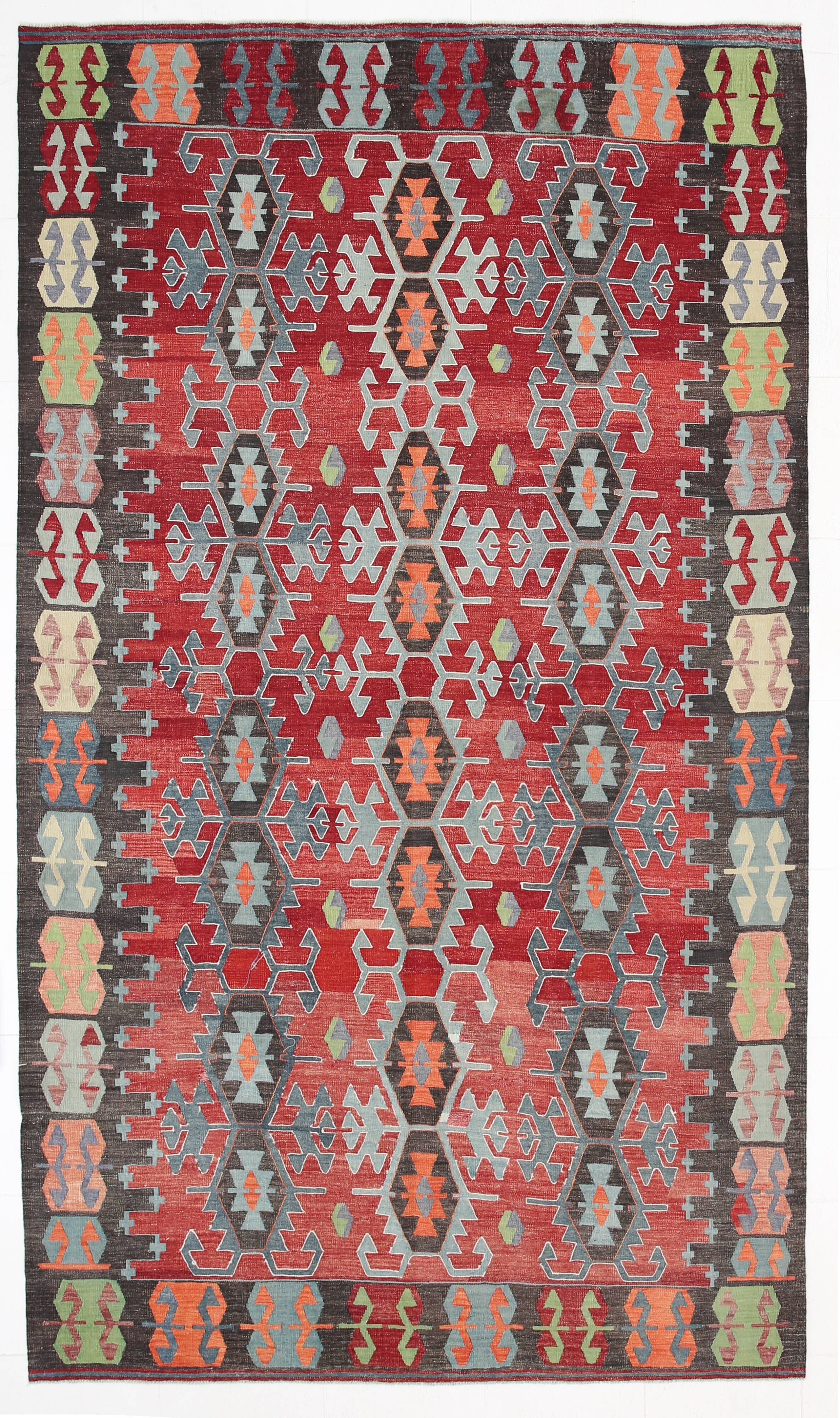 Tapis Kilim Vintage Rouge Motifs Géométriques Ethniques, 195x355 Cm