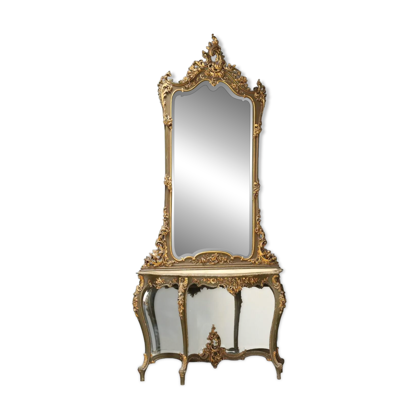 Ancient baroque console with a wooden mirror, Italy, late 19th century.