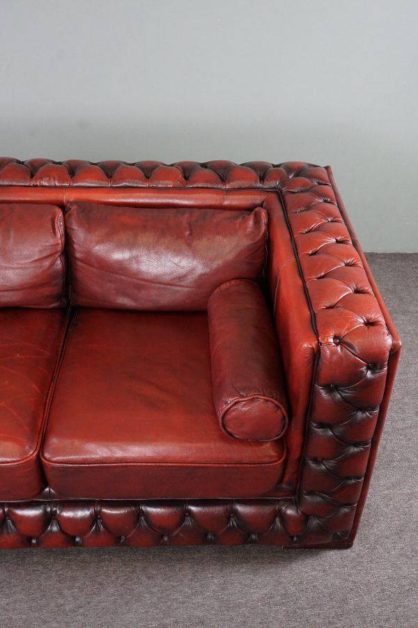 Chesterfield sofa in red cowhide leather, 2.5 seats