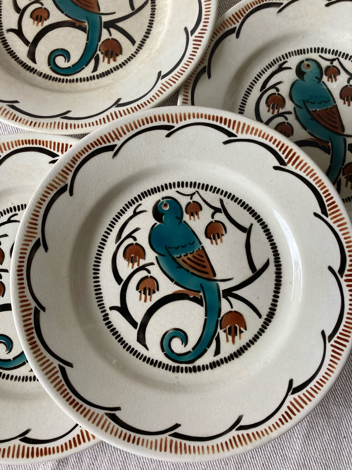 Dessert plates and serving dish, K&G Luneville, parakeet model.
