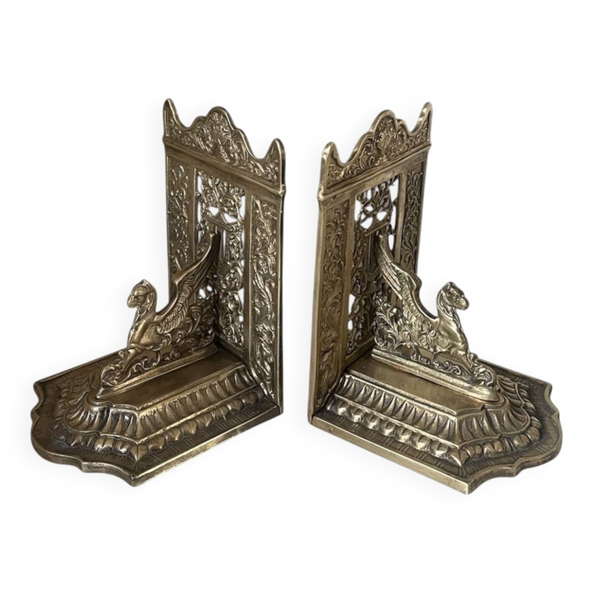 pair of Gothic decorative bookends in brass 1920
