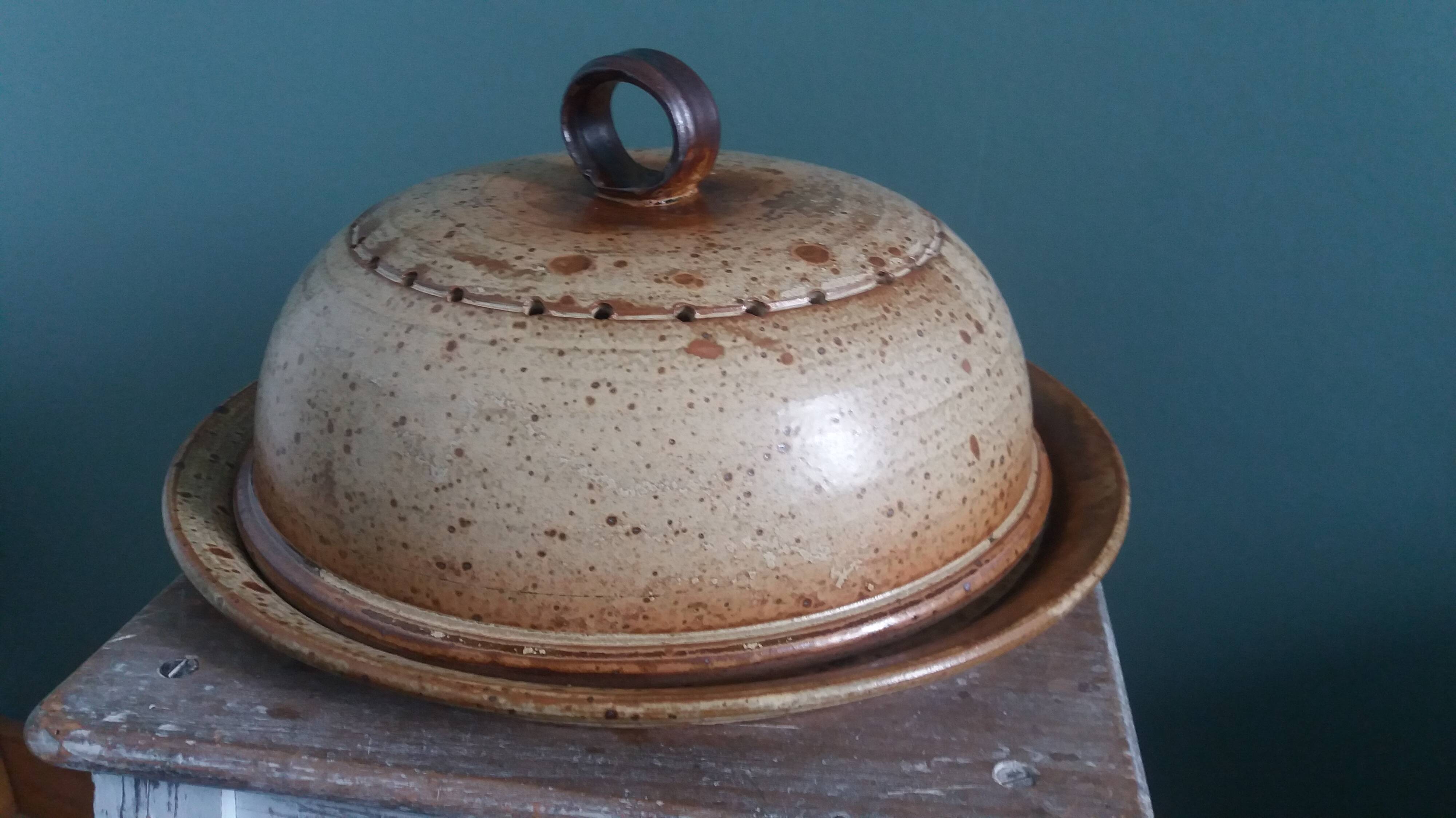 Stoneware cheese bell and platter from Puisaye, signed Jean-Pierre Prud’hom