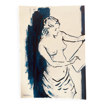Painting in indigo blue "female model drawing in the studio"