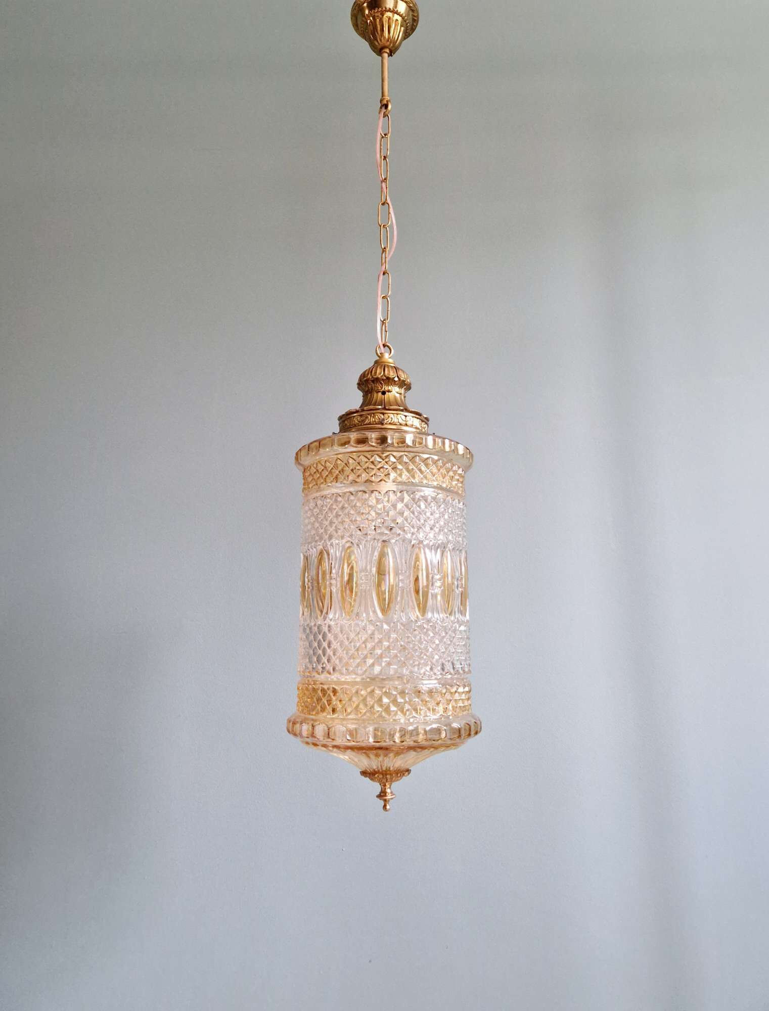 Large glass and brass suspension, lantern type, 1960.