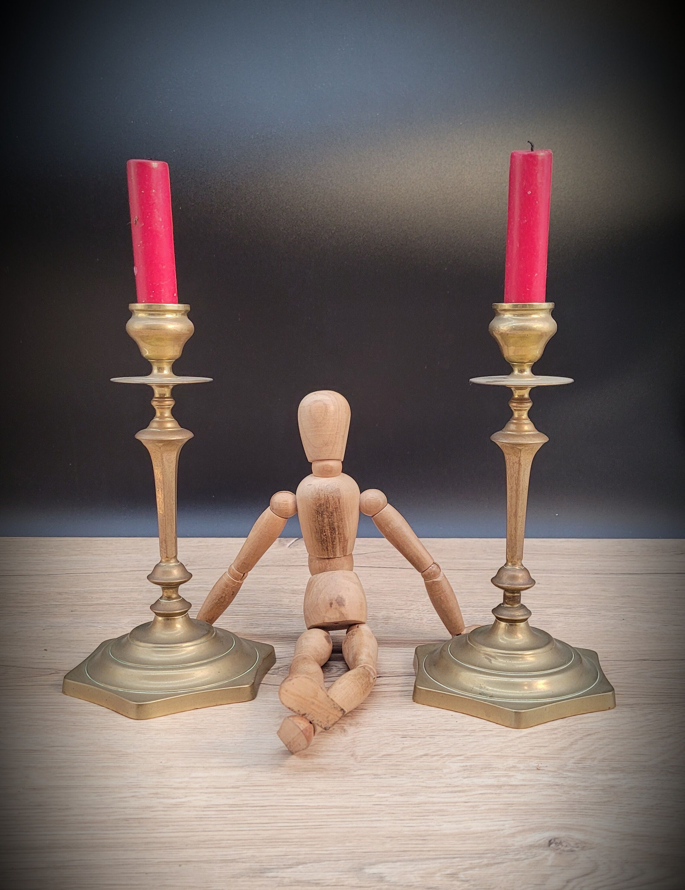 Pair brass candlesticks hexagon