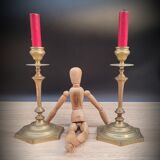 Pair brass candlesticks hexagon