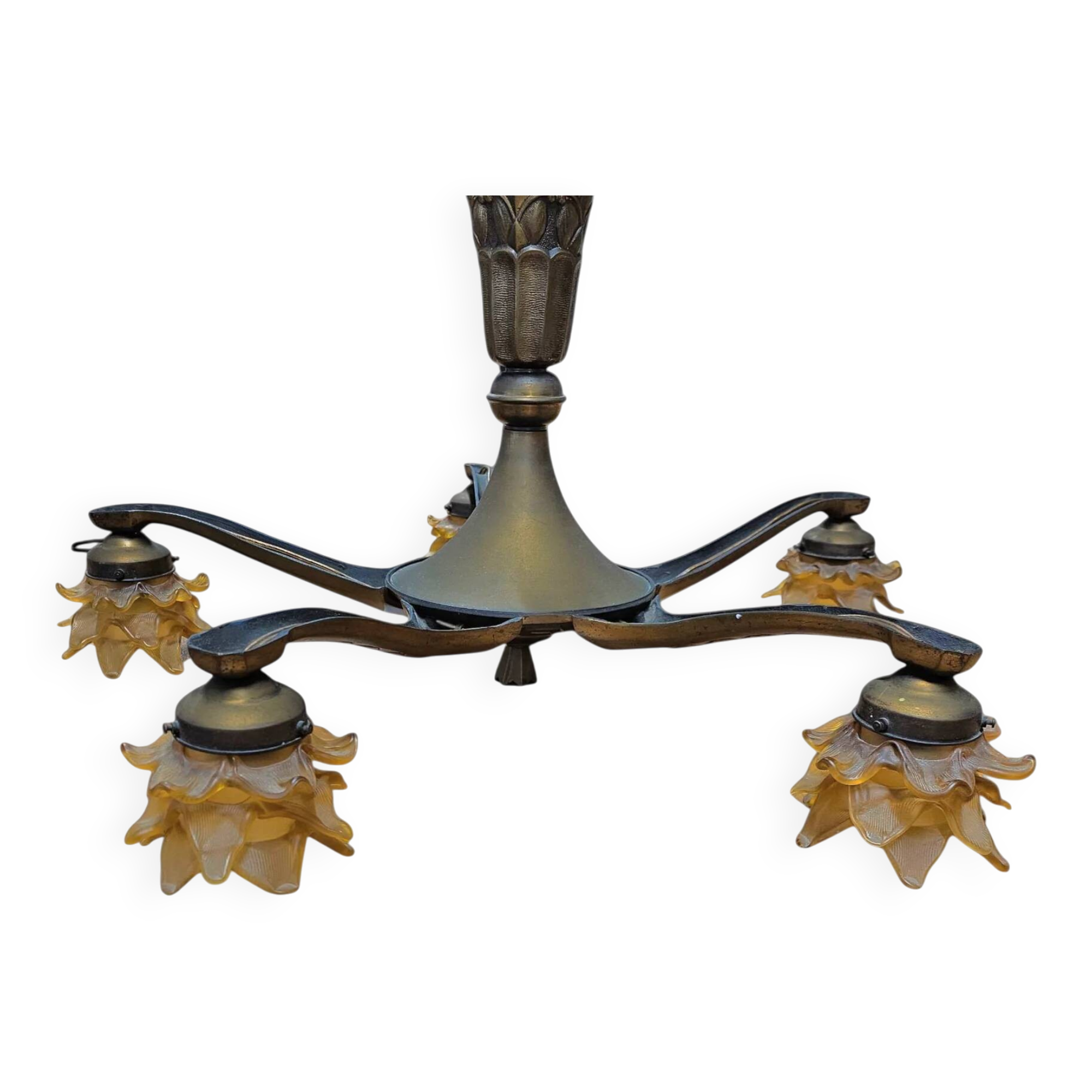 5 arms Art Deco / Art Nouveau / brass hanging lamp / Hand blown floral shades
