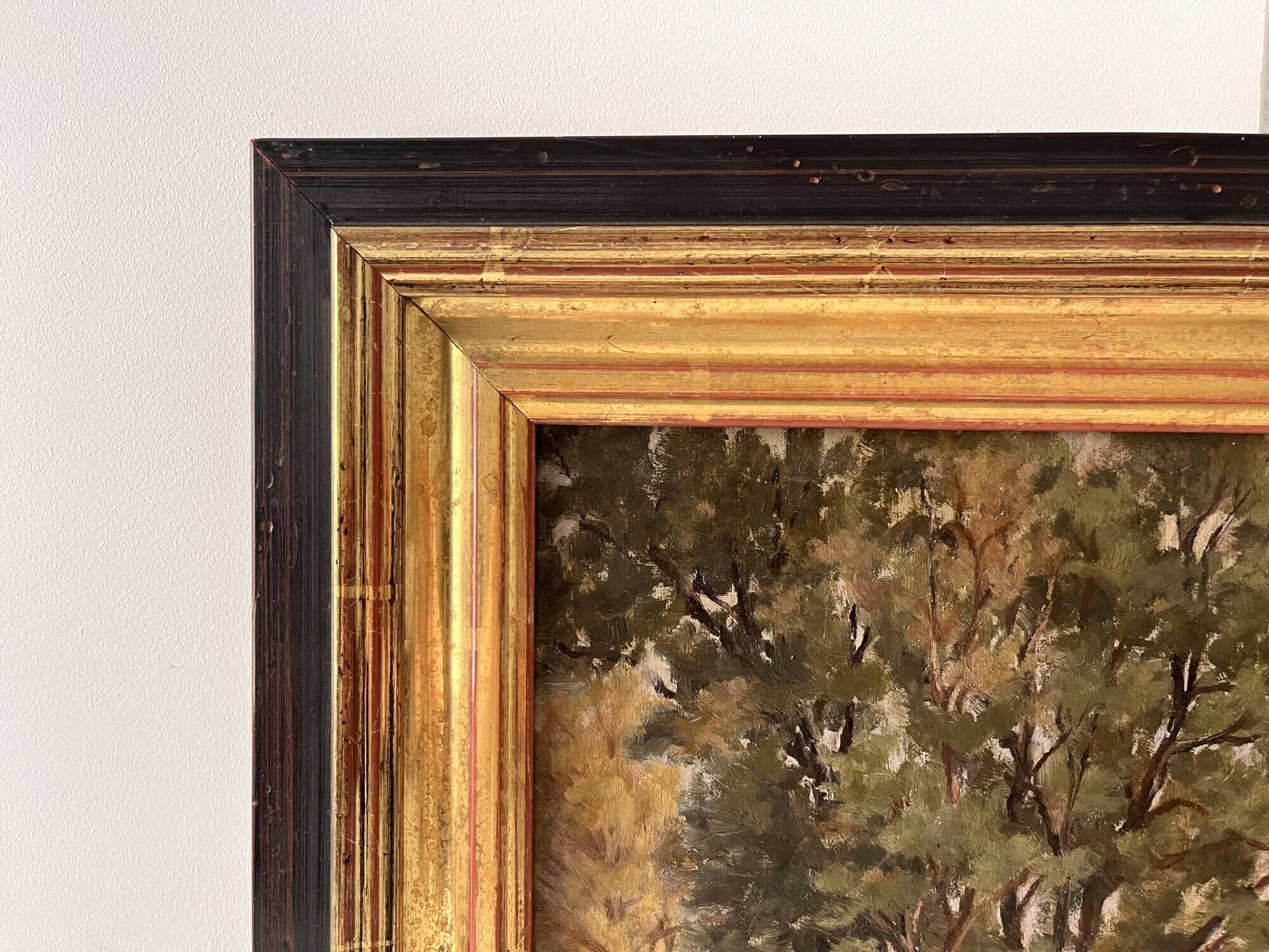 Authentic oil on canvas of a landscape with barges, view of the Seine.