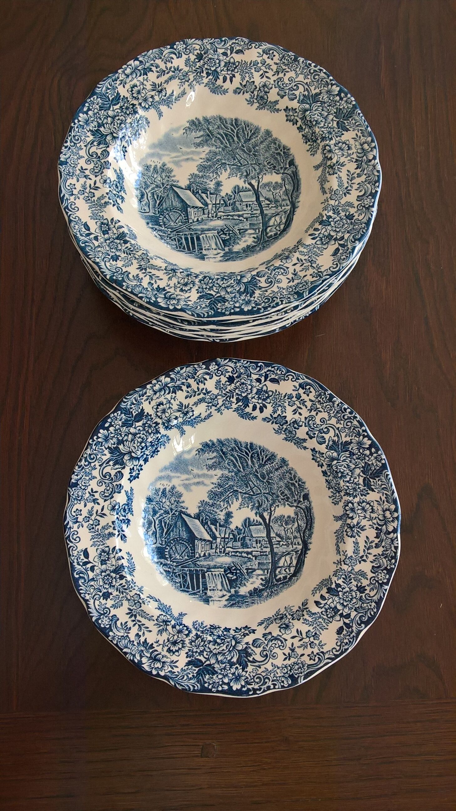 Eight English hollow plates Johnson Bros "Mill Stream"