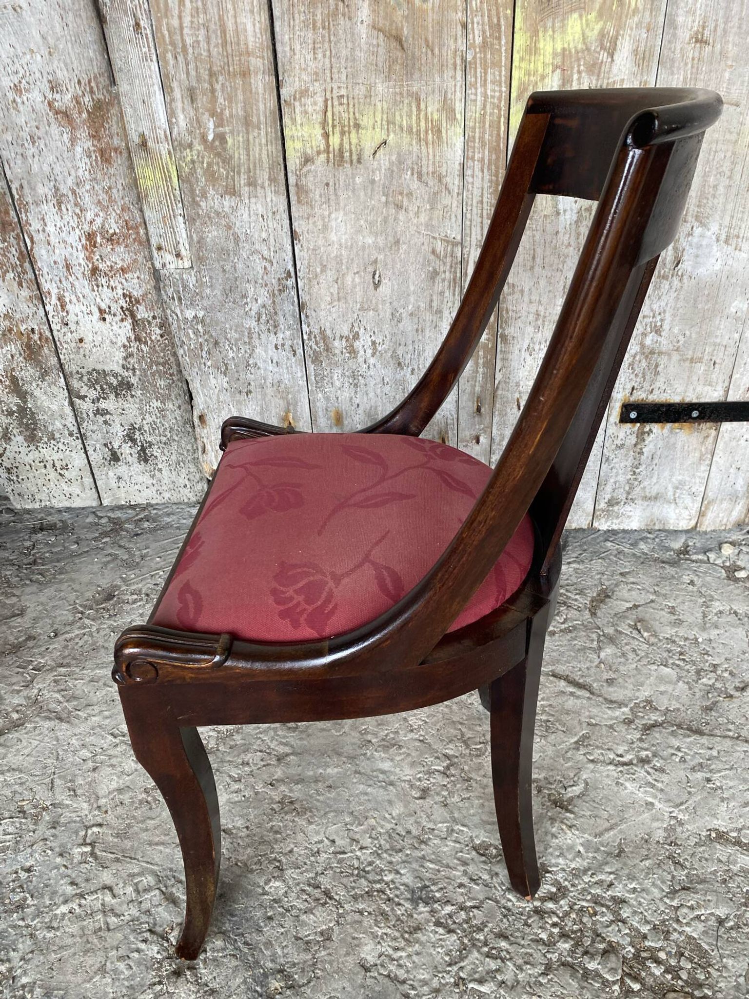 Antique Gondola Chair Empire Style Wood + Red Floral Vintage Fabric