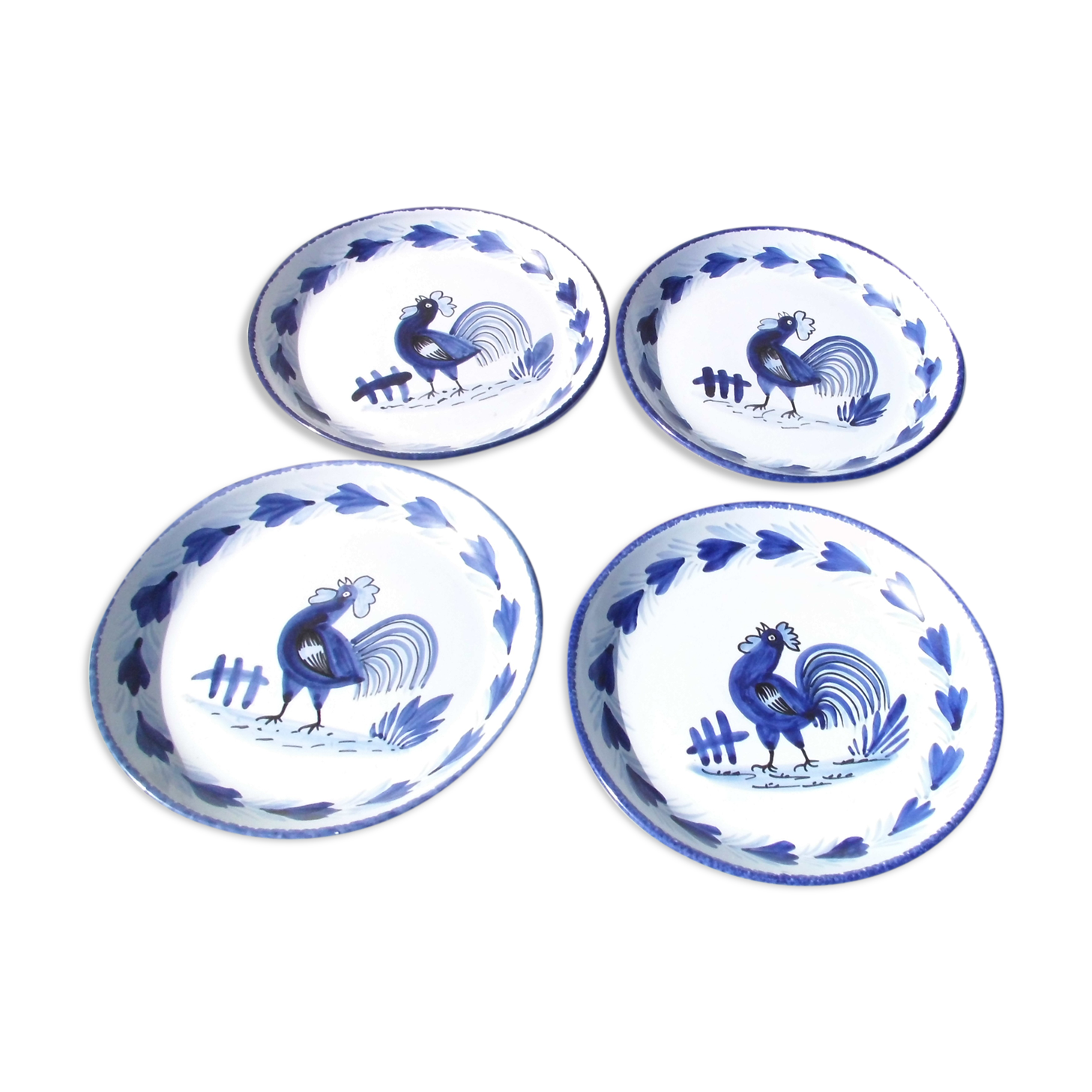 4 Quimper earthenware hollow plates decorated with blue rooster