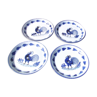 4 assiettes creuses en faïence de Quimper décor au coq bleu