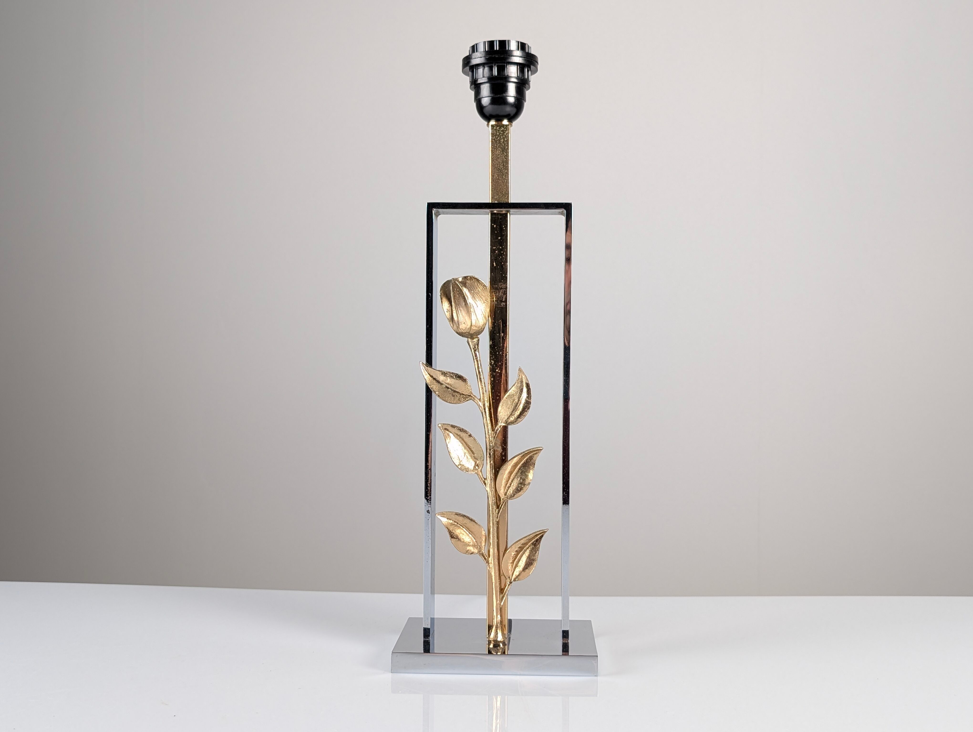 Maison Charles table lamp in chrome and gilt bronze with rose, France, 1970s