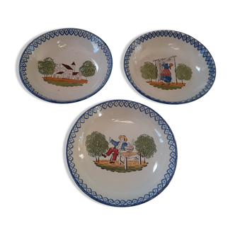 3 hand-painted faience bowls, Charolles