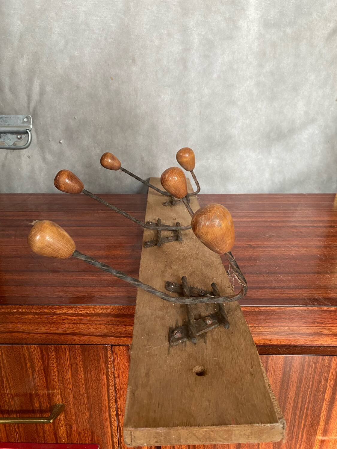 Old wooden wall coat rack + 3 wrought iron hooks & vintage wooden ball