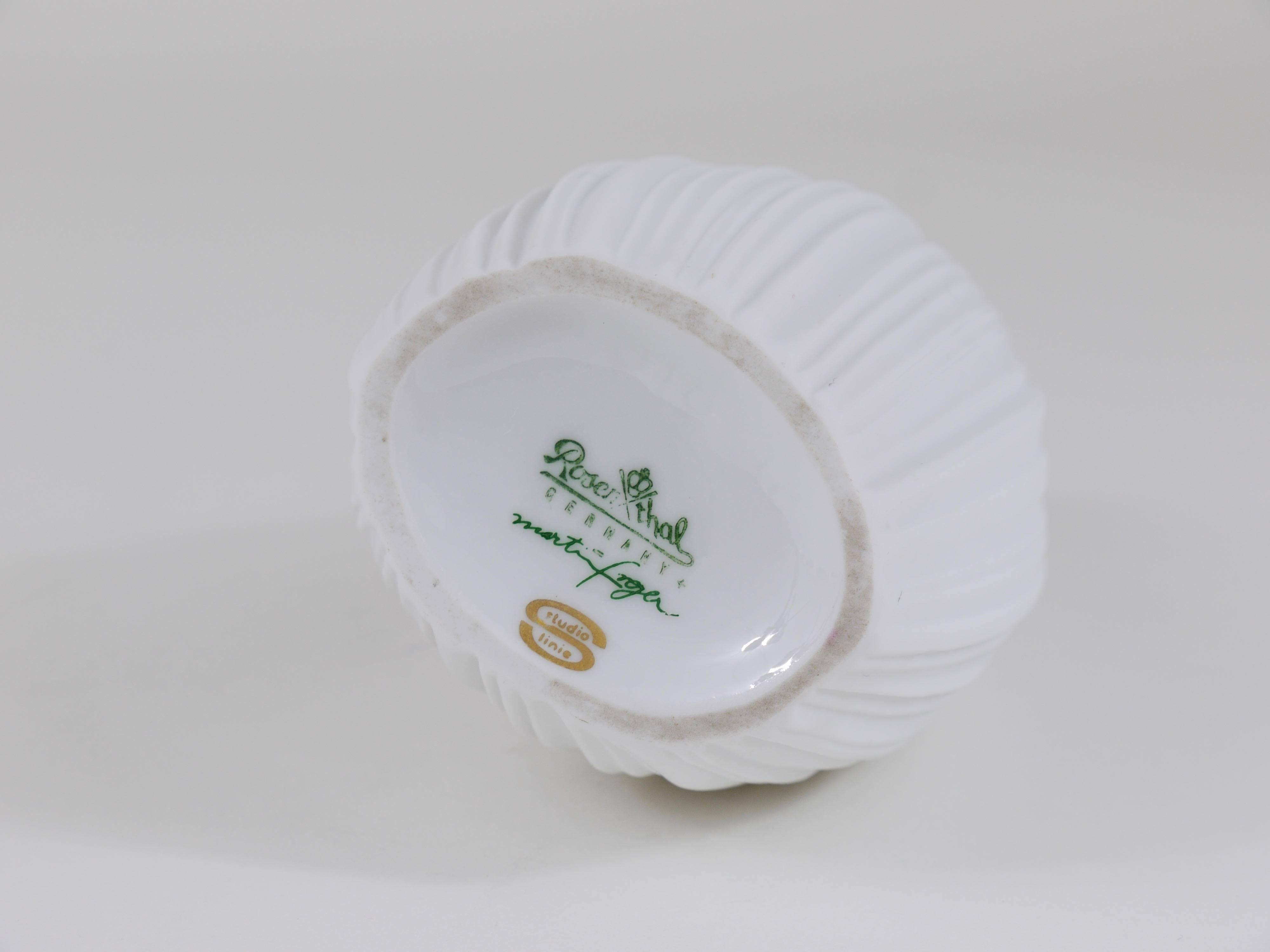 White porcelain vase with striped relief by Rosenthal, designed by Martin Freyer, Germany, 1960s.