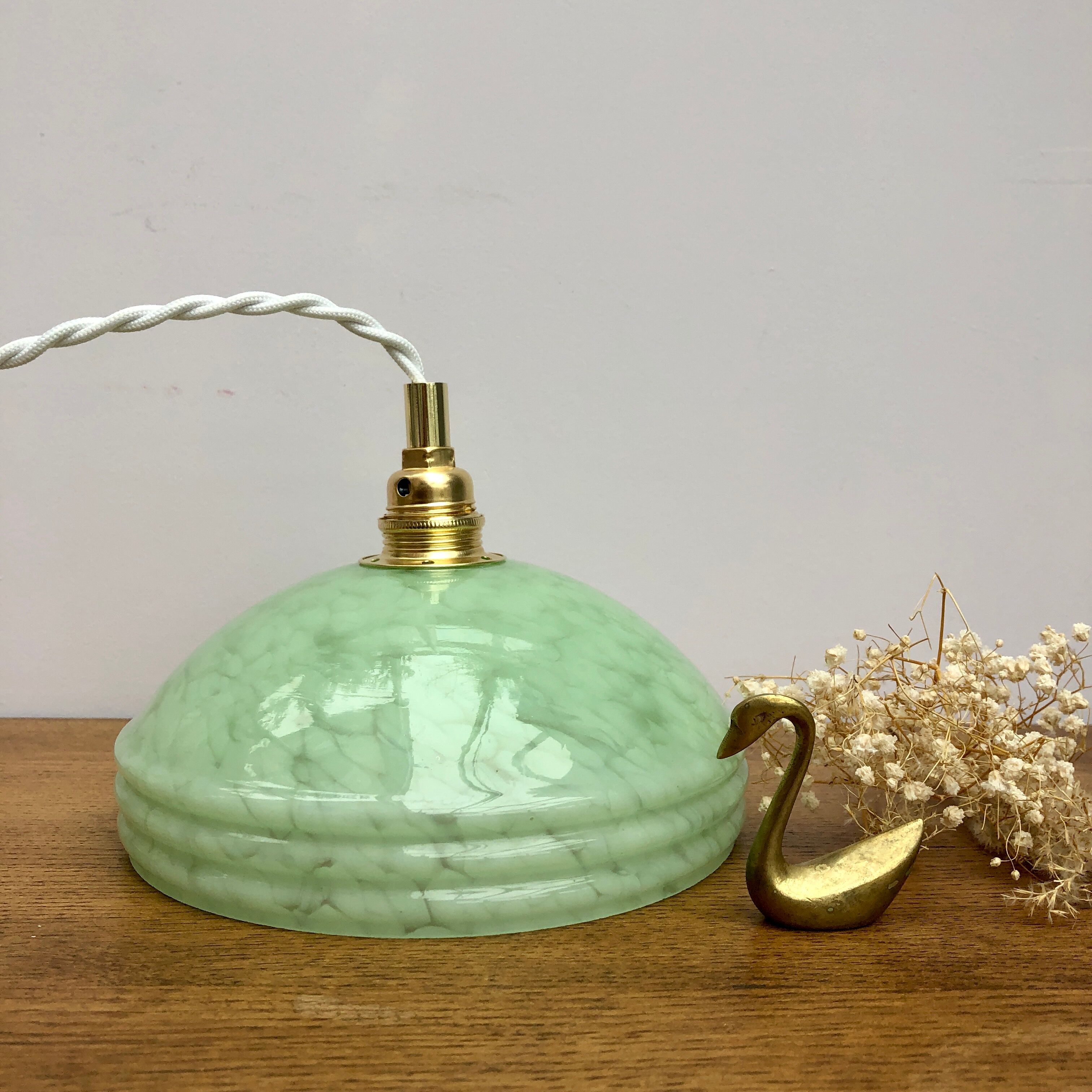 Suspension abat-jour vintage en verre de Clichy vert