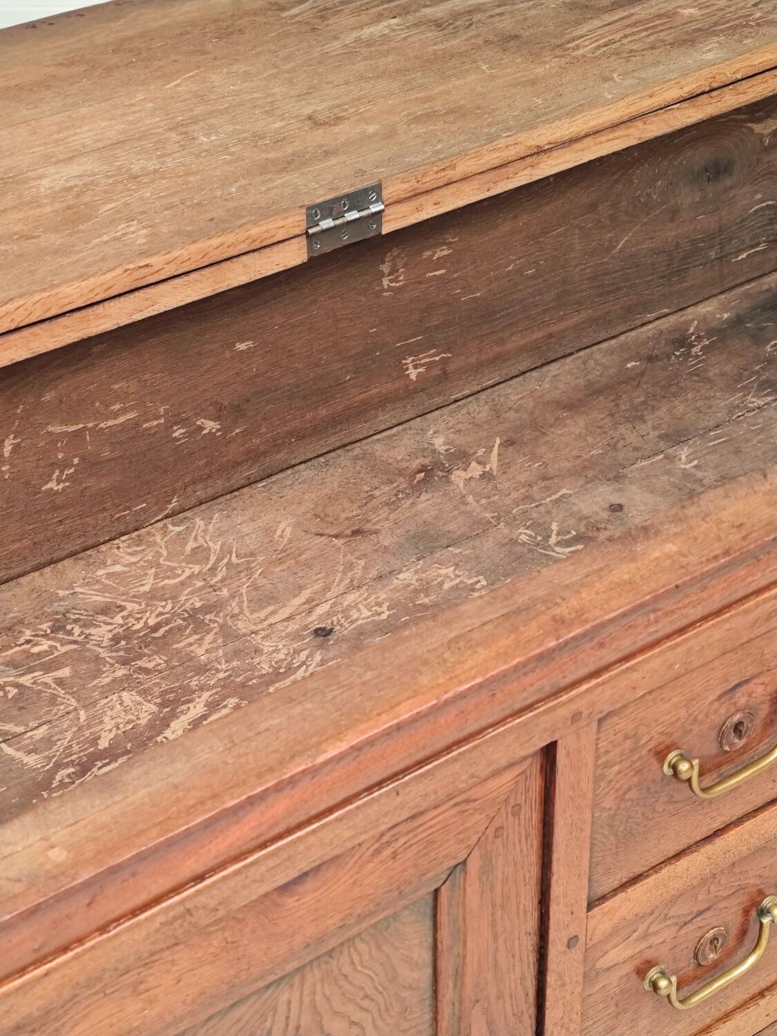 Antique solid wood workbench, dough cabinet from the 18th century.