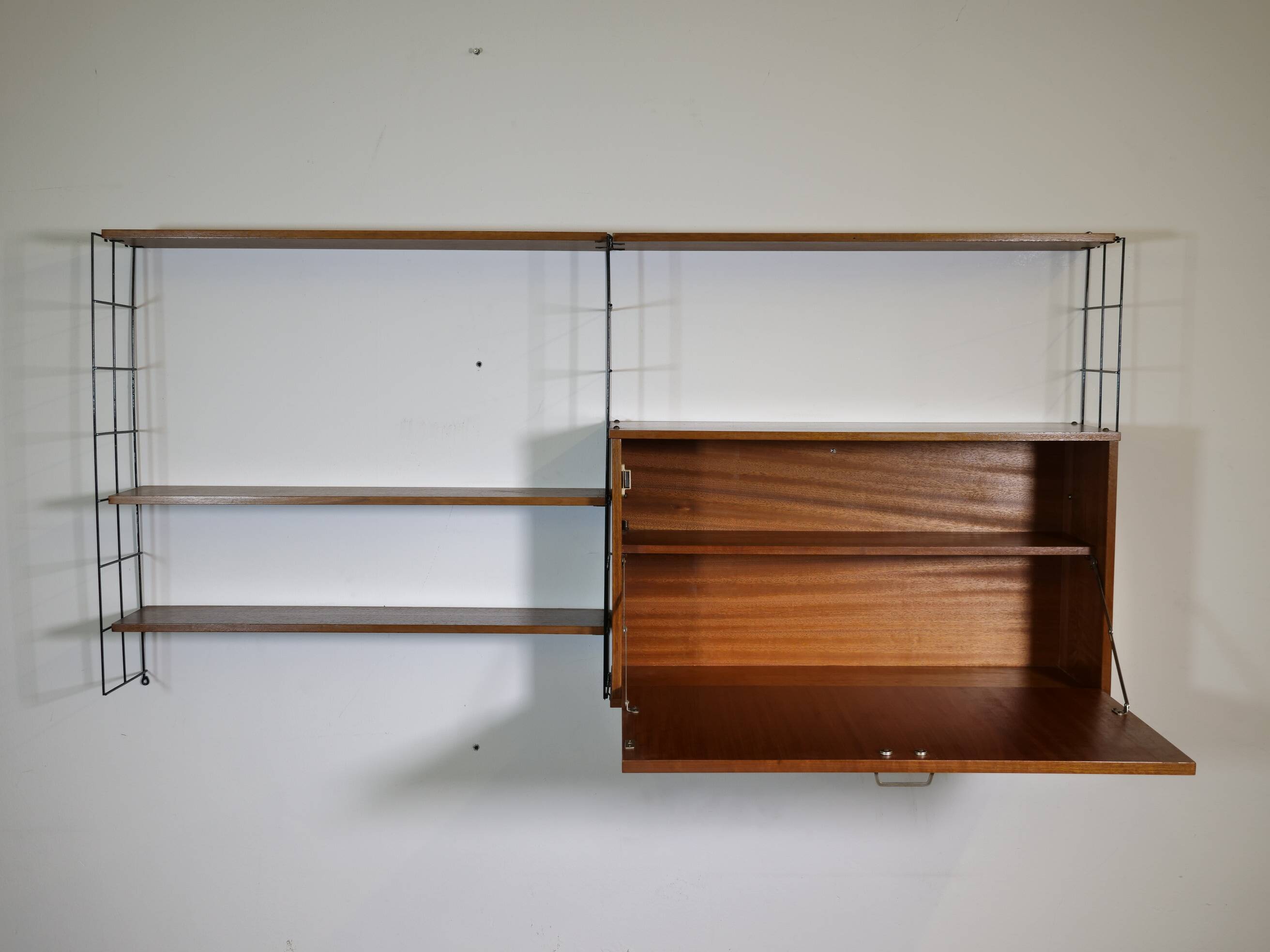 Mid Century String Shelving Unit in Teak with Secretary Cabinet, 1960s