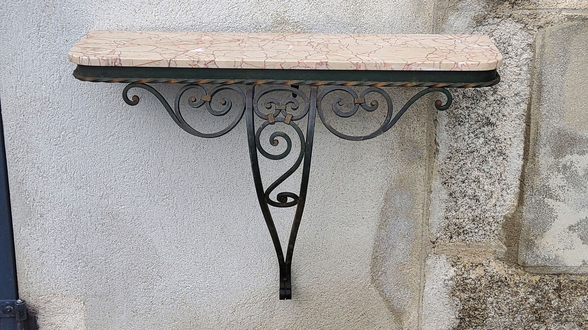 Console of wall lamp of the 50s in wrought iron and marble top