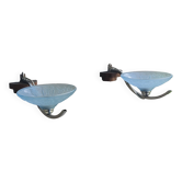 Pair of art deco wall lights in blue opalescent glass, nickel-plated brass and wood from the 1930s