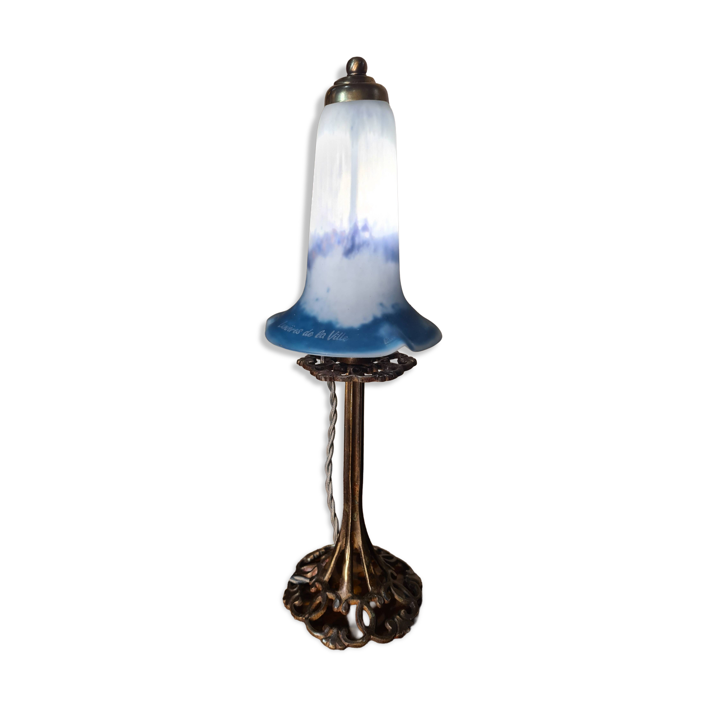 lampe bronze art nouveau tulipe pate de verre signé lumieres de la ville 40
