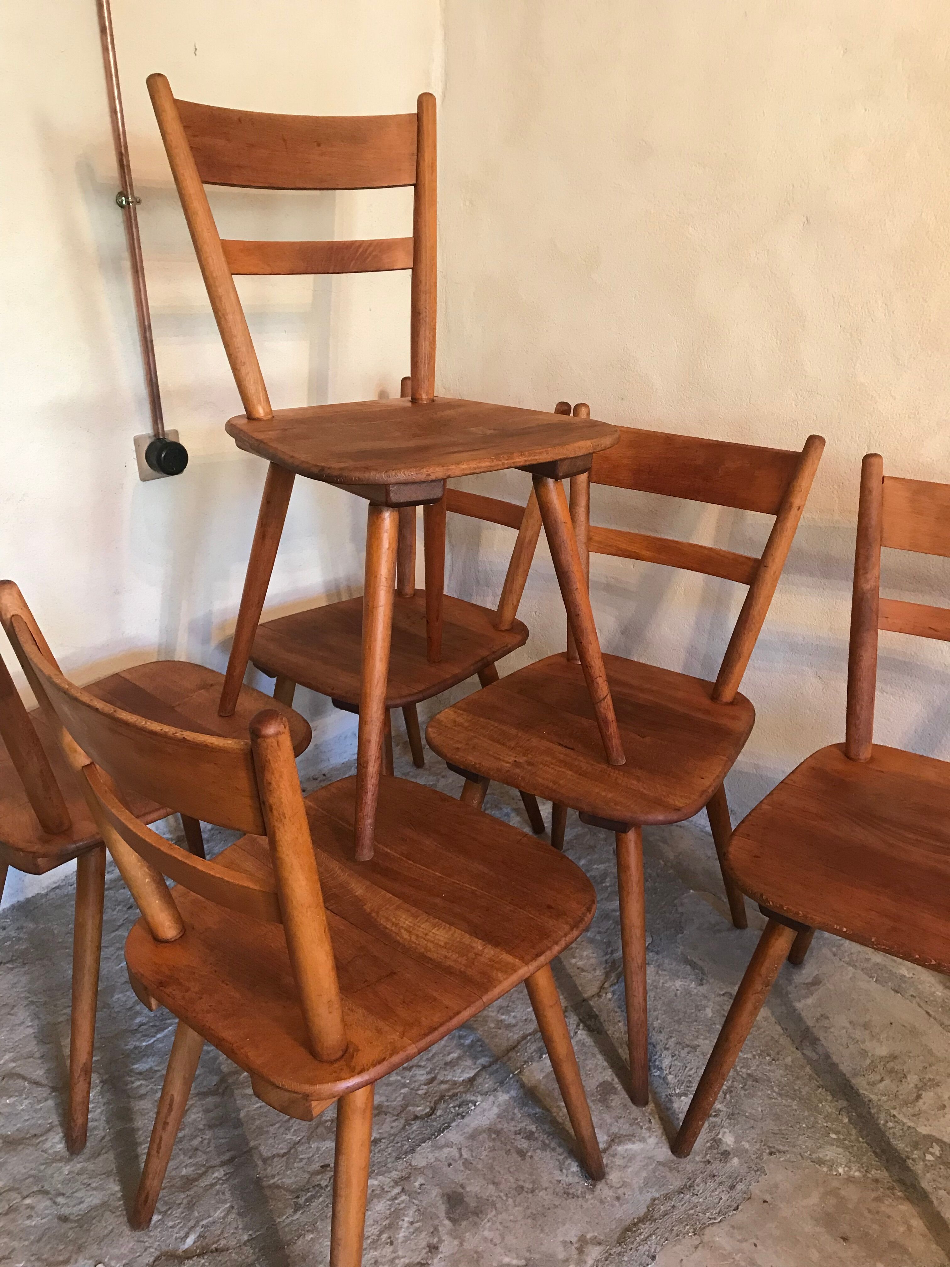 Set of 6 vintage solid wood chairs with compass legs 1960's