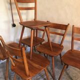 Set of 6 vintage solid wood chairs with compass legs 1960's