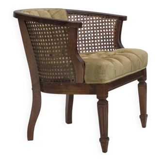 1950s, Danish easy chair, furniture velour, furniture mesh, oak wood.