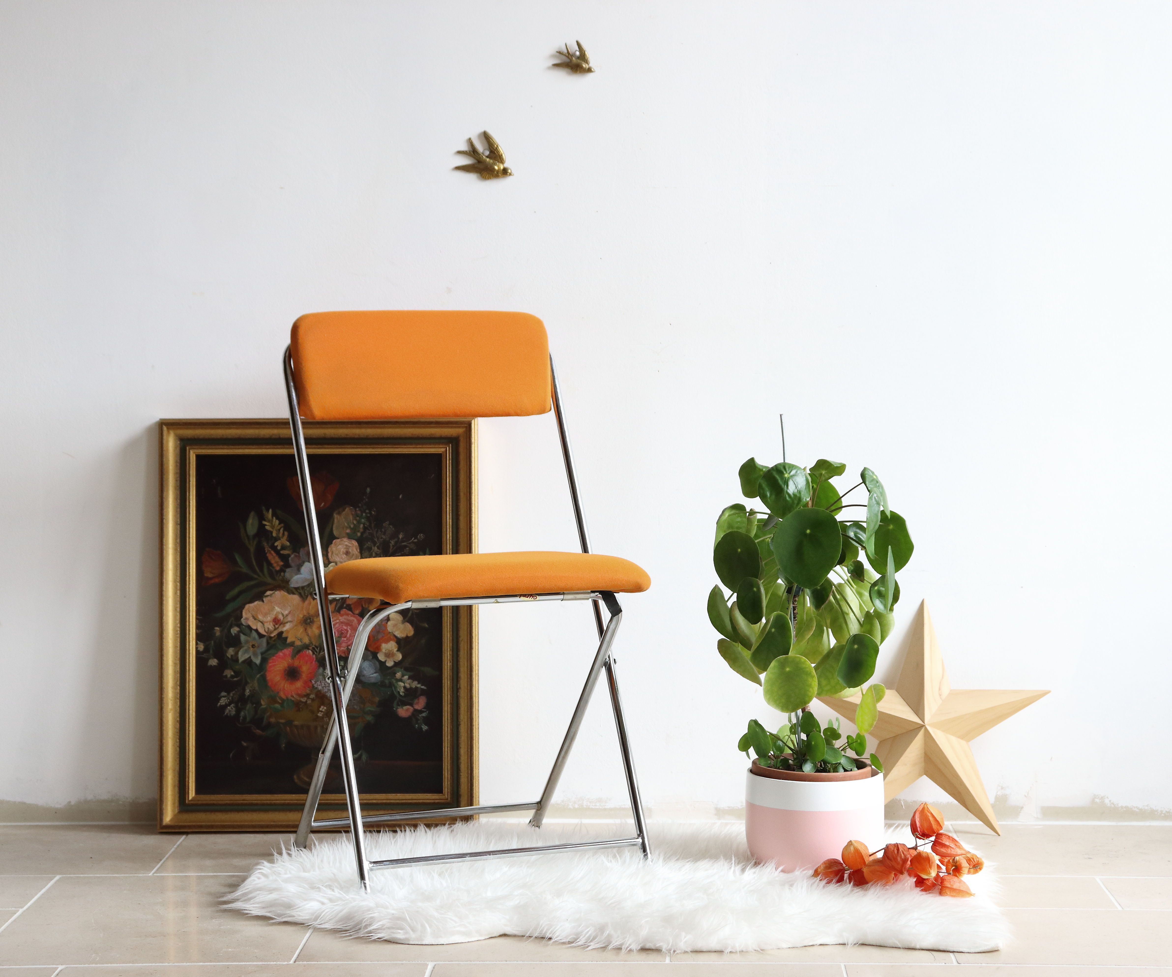 Folding chair in chrome metal and orange fabric 1970