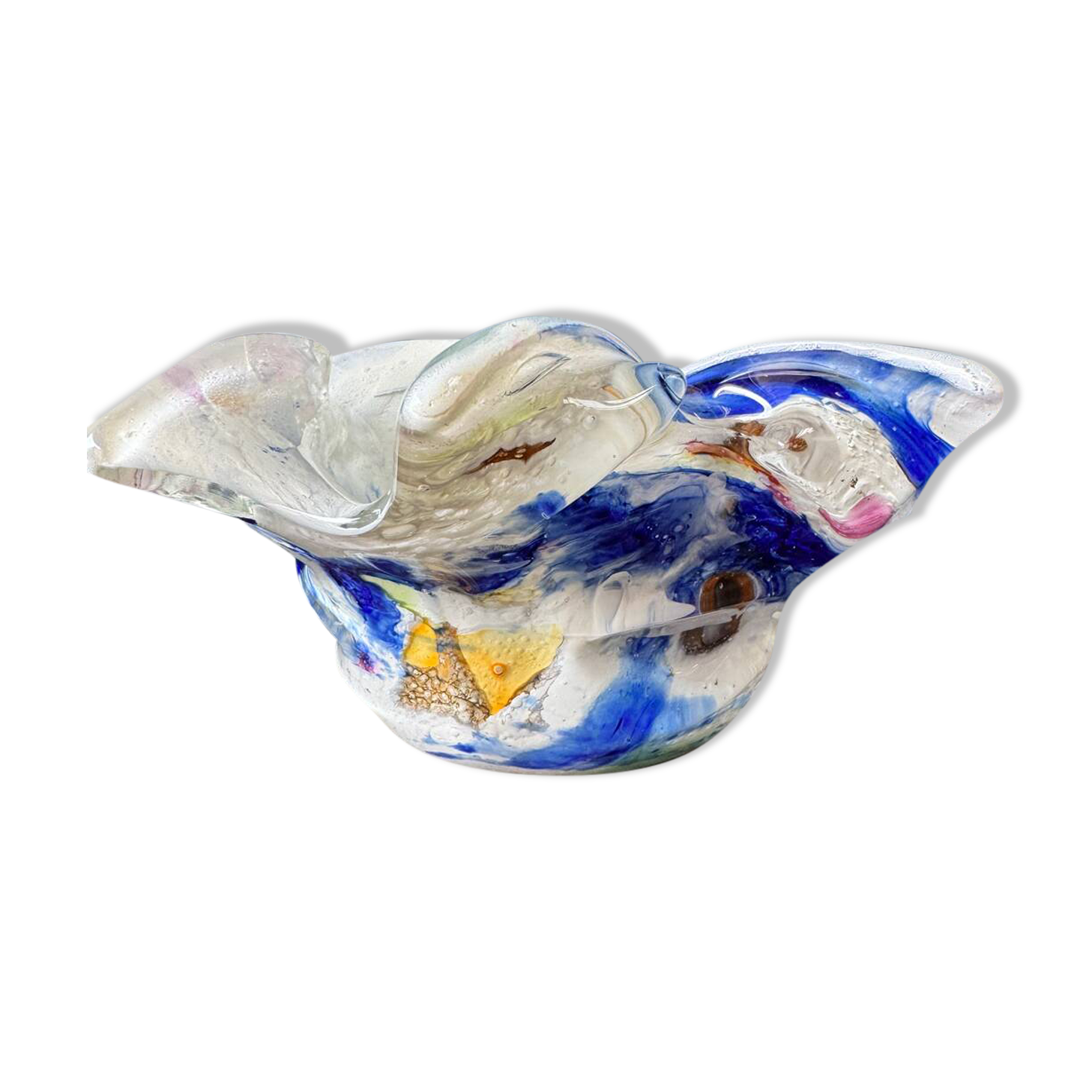 Multi-layer glass ashtray with metallic oxide inclusions.